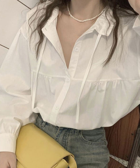 フリル衿ブラウス 長袖タックシャツ韓国風 大人可愛い ボリューム袖シャツ レディースおしゃれ キレイめトップス リボンブラウス ゆったり 体型カバー春秋服 着やせ 1SUYUZI-007